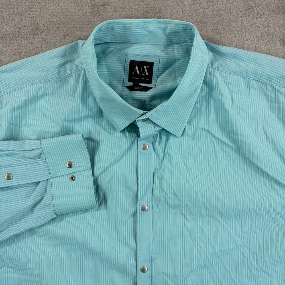 Armani Exchange AX Slim Fit Snap Up Shirt in Blue Striped‎ Men XL Long Sleeve